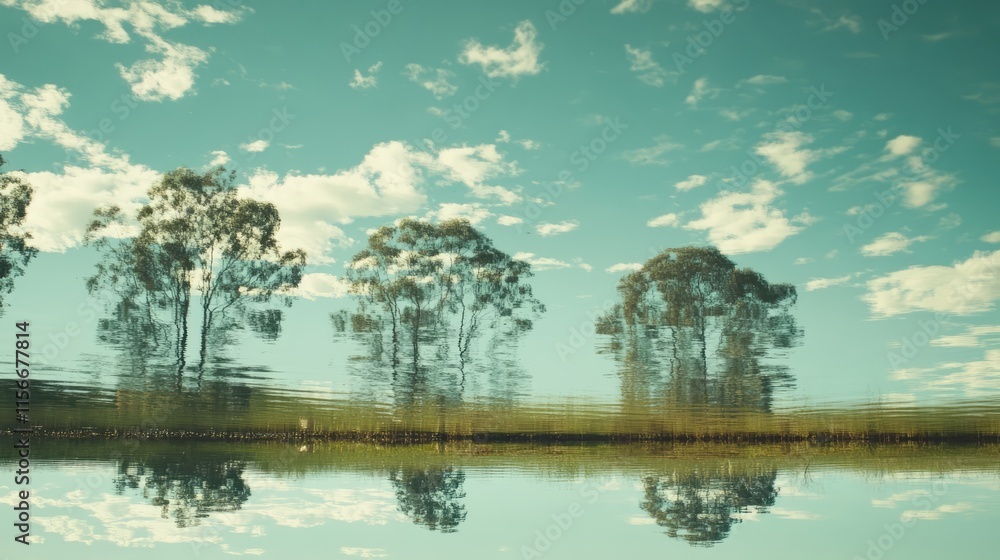 Poster tranquil lake scene with trees and sky reflections creating a serene and picturesque landscape on a 