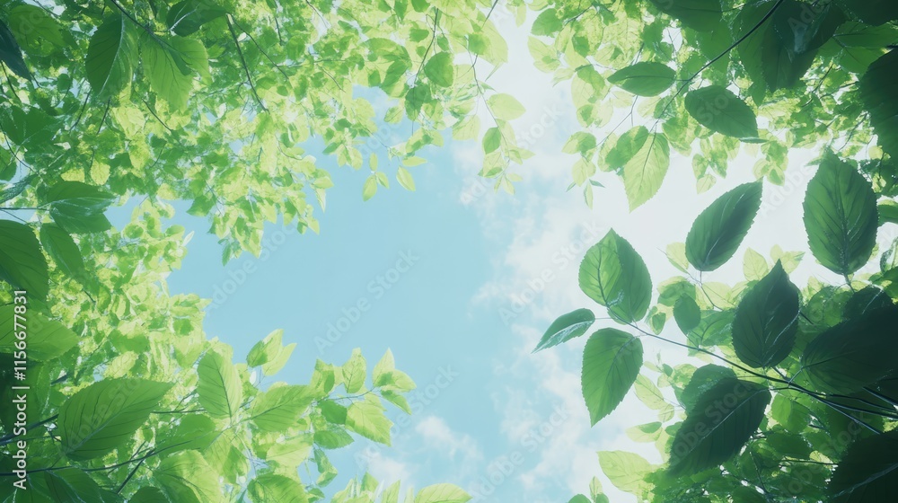Poster lush green tree canopy framing a clear blue sky creating a serene natural atmosphere and providing f