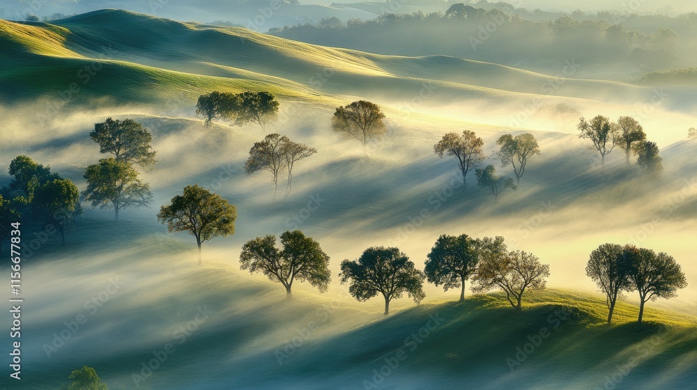 Poster majestic fog-covered hills with trees creating a serene and tranquil landscape in morning light