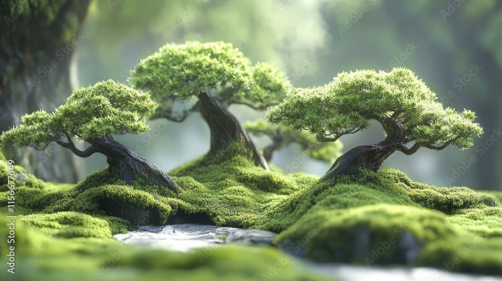 Aufkleber Lush moss-covered trees in serene forest setting with gentle stream creating a tranquil and peaceful natural atmosphere