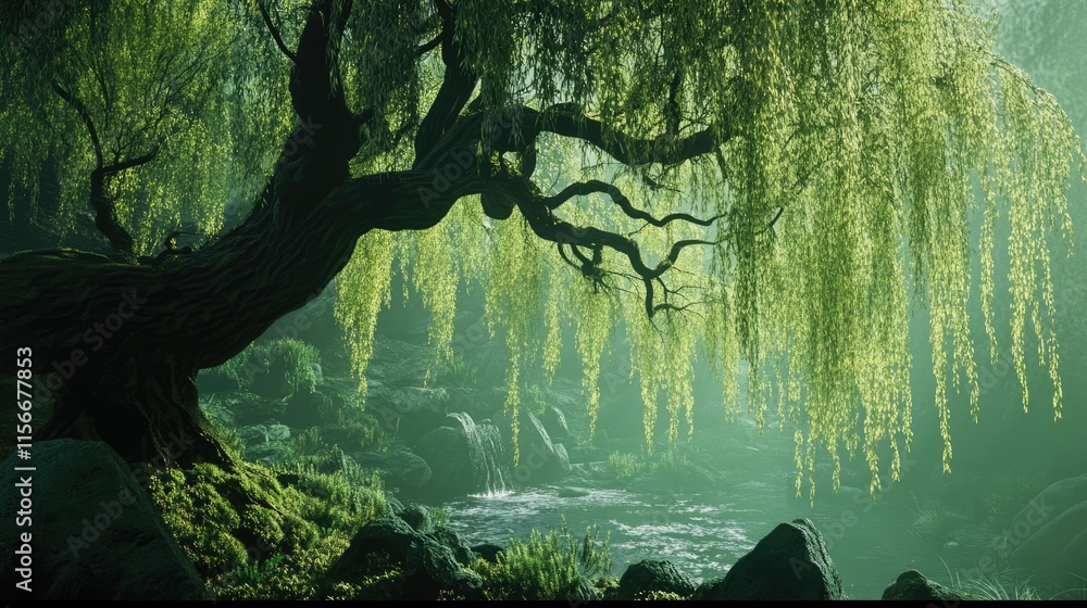 Aufkleber majestic weeping willow tree draped in vibrant green leaves beside a serene stream in a tranquil nat