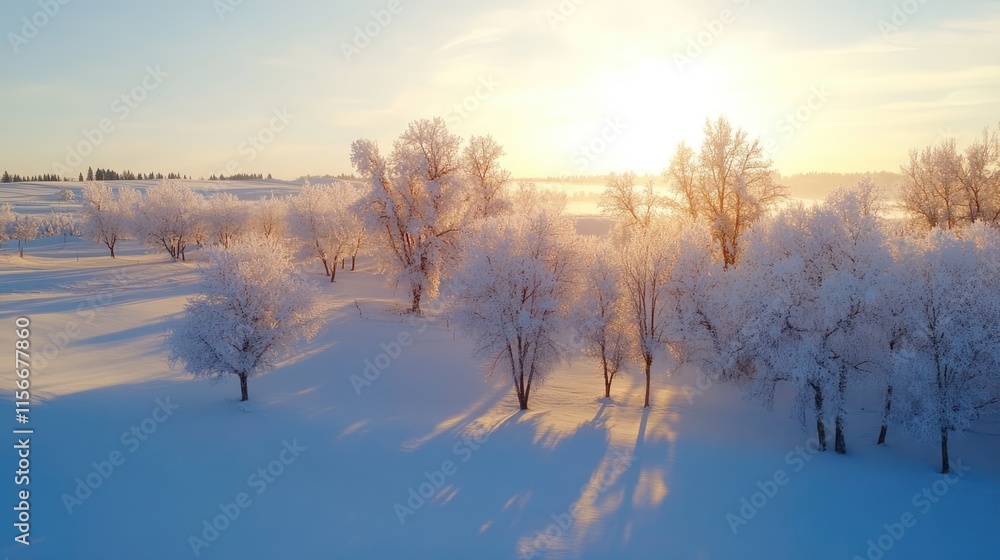 Poster snow-covered trees illuminated by sunlight in a serene winter landscape creating a tranquil and pict