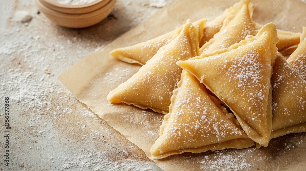 Poster Triangular Ravioli with Flour Dusting on Wooden Table Ready for Serving
