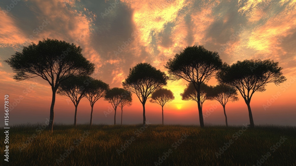 Poster silhouetted trees against a vibrant sunset sky with colorful clouds creating a serene natural landsc
