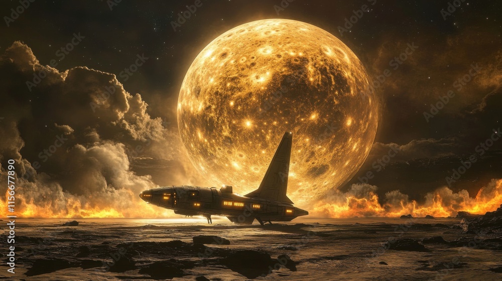 Poster spaceship on fiery alien planet with large glowing moon.