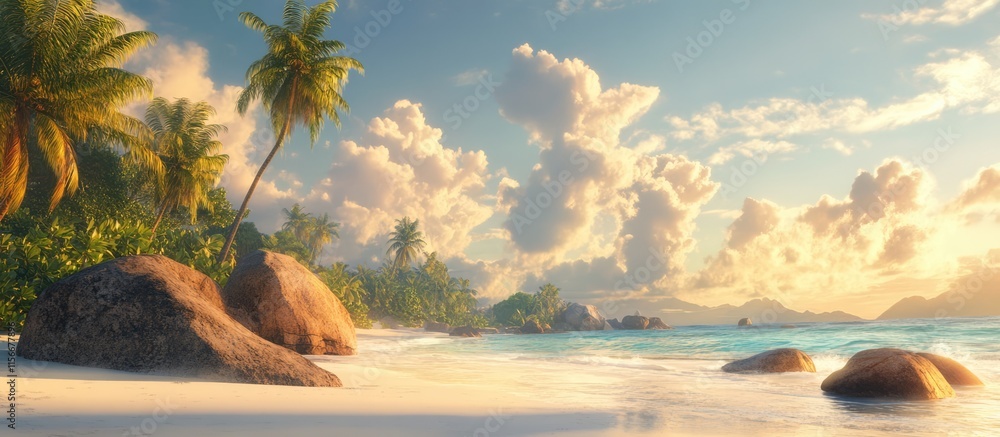 Poster tranquil tropical beach scene with large rocks palm trees dreamy sky and soothing summer vibes perfe