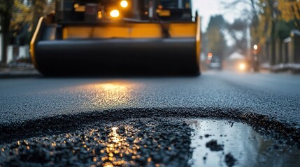 Asphalting the road with an asphalt roller, close-up of the machine's head working on the new black top. Grocery, modern street construction, and concrete delivery service for a house in a residential