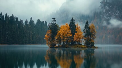 Fototapeta premium Autumn trees with vibrant colors reflecting on a tranquil lake surrounded by misty mountains in a serene morning atmosphere
