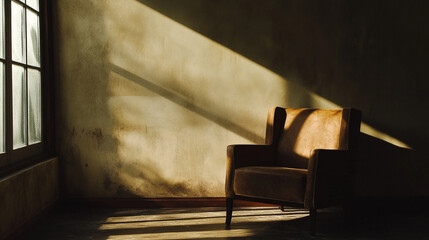 Soft sunlight filters through a window onto a vintage armchair in an empty room.