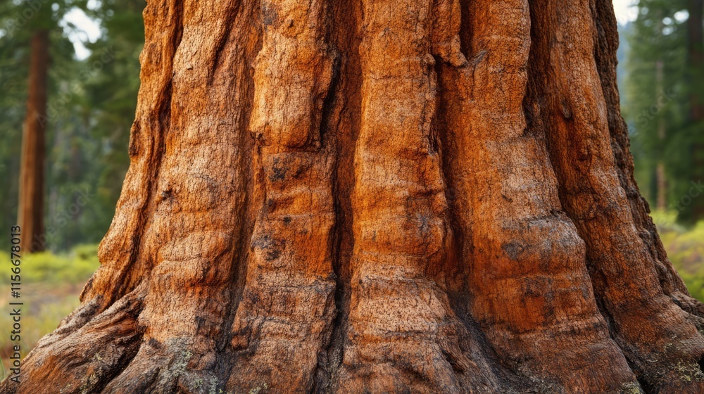 Poster Detailed close-up of textured tree trunk with vibrant colors and soft blurred forest background for nature and environmental concepts.