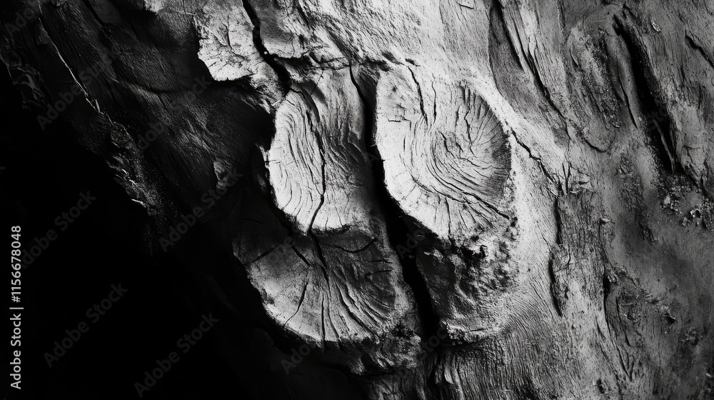 Poster textured tree trunk showcasing intricate patterns and traces of life in black and white photography 