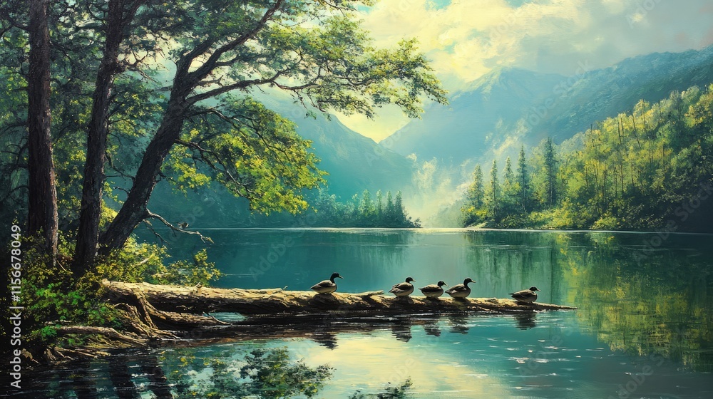 Poster serene lake landscape with trees and mallards resting on a log surrounded by mountains and lush gree