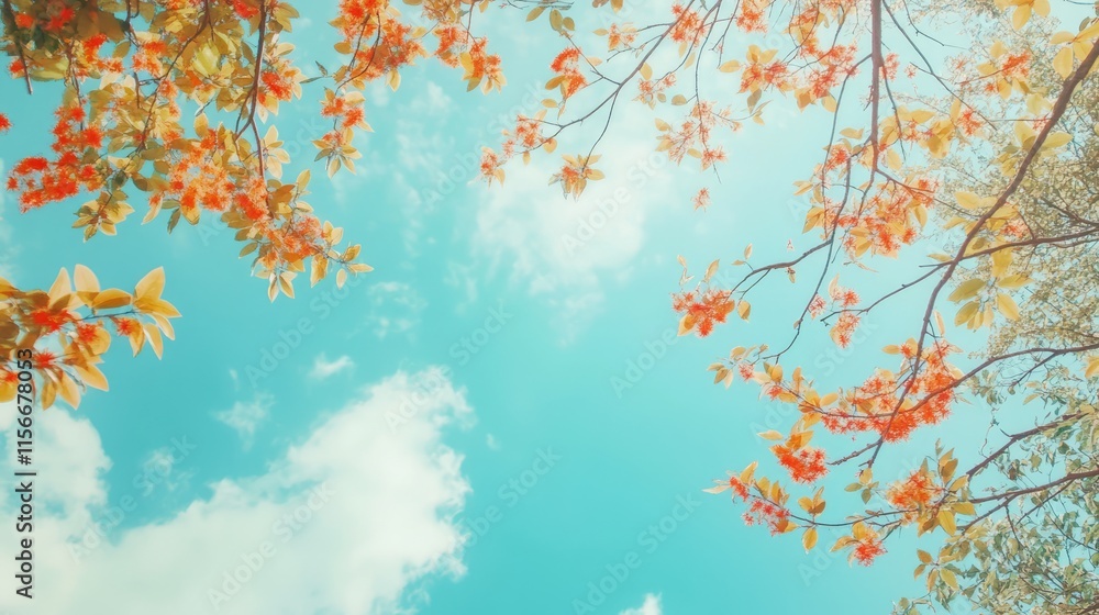 Poster autumn foliage branches against a clear blue sky with soft clouds creating a tranquil natural atmosp