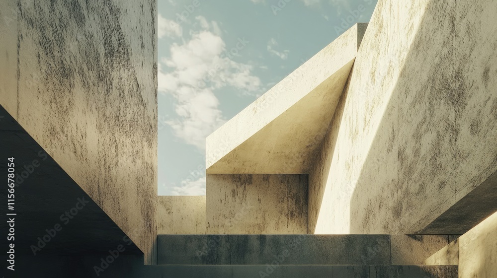 Poster Abstract architectural design featuring angular structures and textured surfaces in a minimalist outdoor environment.