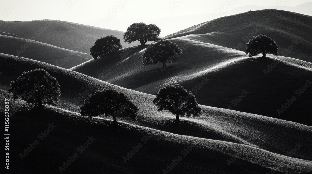 Aufkleber Serene monochrome landscape featuring trees on rolling hills with soft shadows creating a tranquil nature scene.