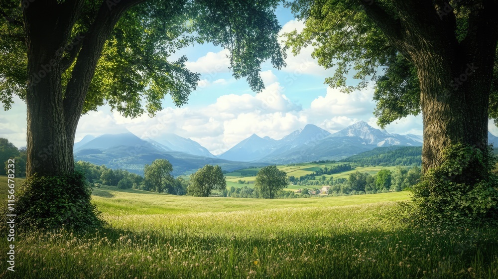 Aufkleber lush meadow framed by ancient trees with majestic mountains under a bright sky in the background
