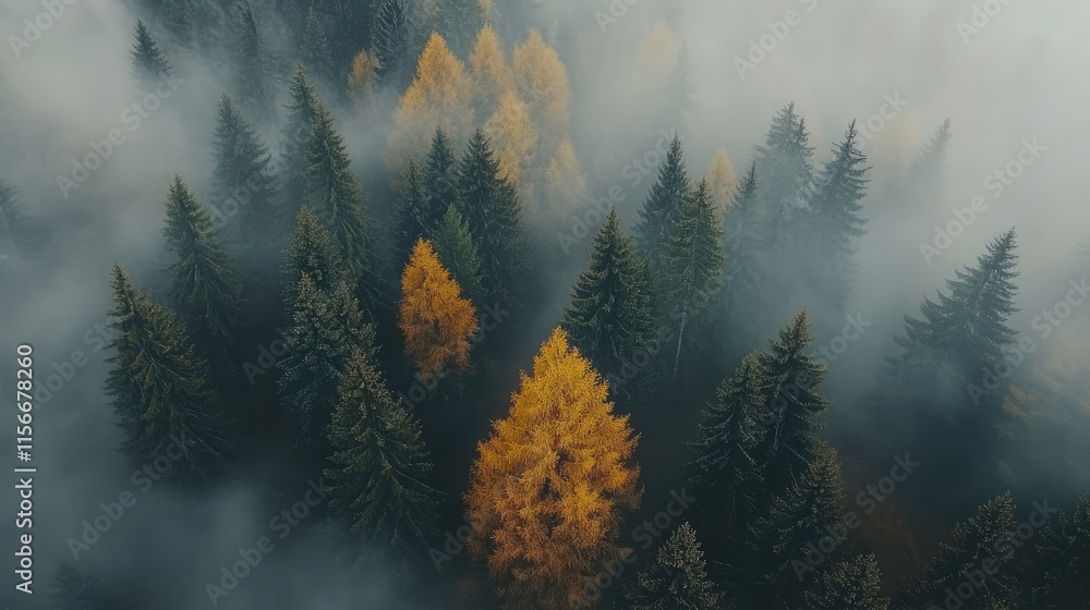 Poster aerial view of autumn forest with vibrant yellow and green trees surrounded by misty fog creating a 