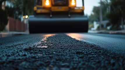 Asphalting the road with an asphalt roller, close-up of the machine's head working on the new black top. Grocery, modern street construction, and concrete delivery service for a house in a residential