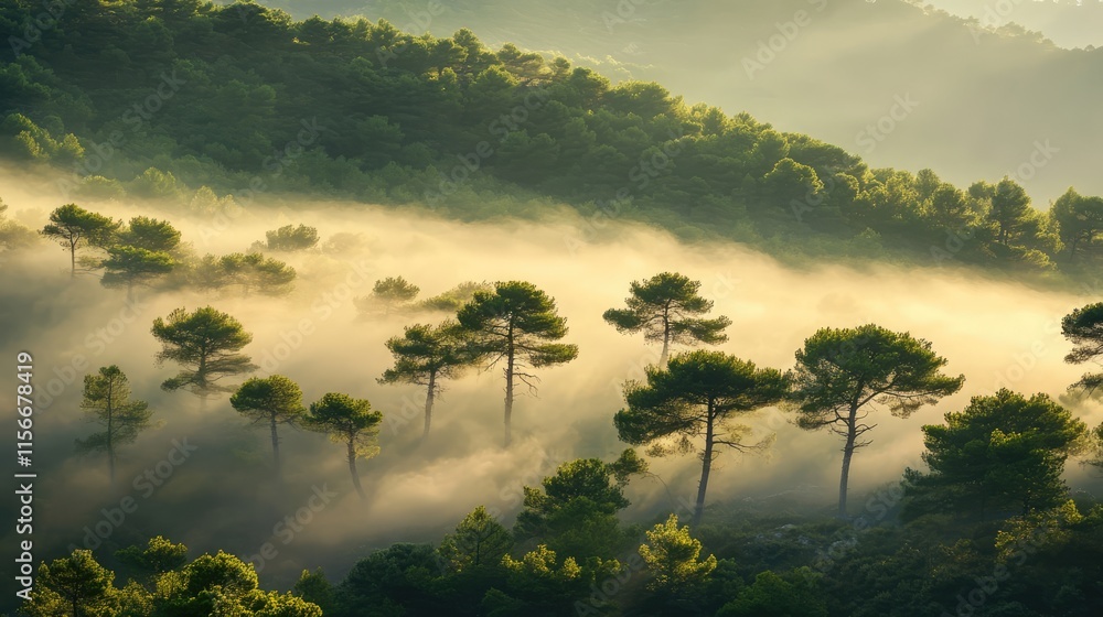 Aufkleber Misty forest landscape with towering trees enveloped in serene fog creating an ethereal atmosphere in nature's tranquility