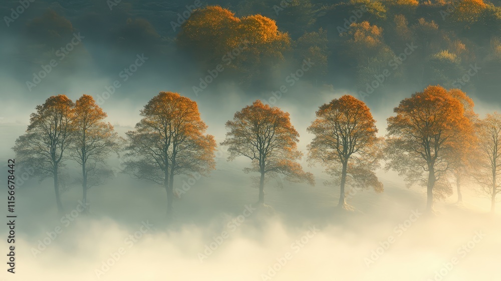 Poster autumn trees emerging through mystical fog creating a serene and atmospheric landscape in nature. pe