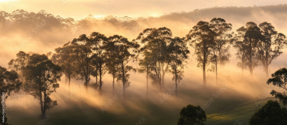 Poster majestic trees shrouded in ethereal morning mist creating a serene and tranquil landscape at dawn