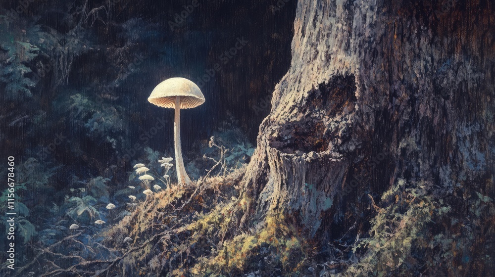 Poster tree trunk featuring a solitary white mushroom surrounded by lush forest undergrowth in a serene nat