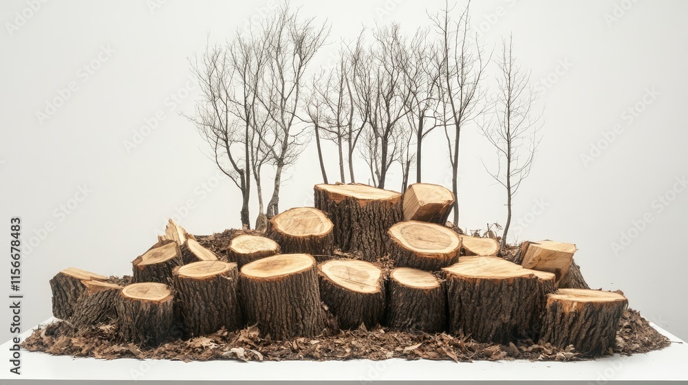 Aufkleber Chopped and Stacked Trees Displaying Logs and Bare Branches in a Minimalistic Natural Setting