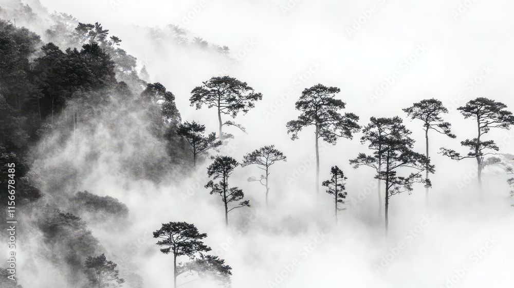 Poster Mysterious landscape of silhouetted trees emerging from dense fog in monochrome tones conveying tranquility and introspection