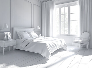 Bright and airy bedroom with white decor and natural light in a serene setting.