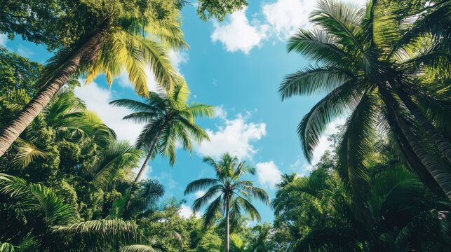 Tropical beach scenery featuring lush palm trees under a vibrant blue sky in a serene jungle landscape with rich greenery and sunshine.