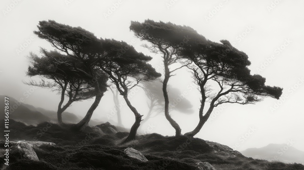 Poster mysterious black and white trees shrouded in fog creating a serene and atmospheric landscape scene