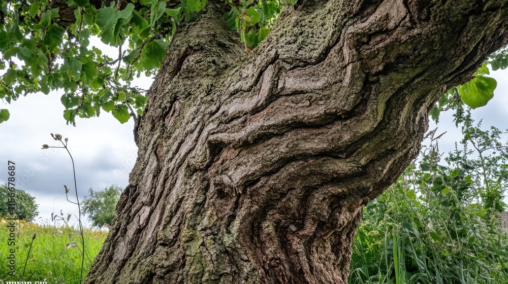 Poster Textured tree trunk showcasing intricate bark patterns surrounded by lush greenery and clouded sky in a natural setting.