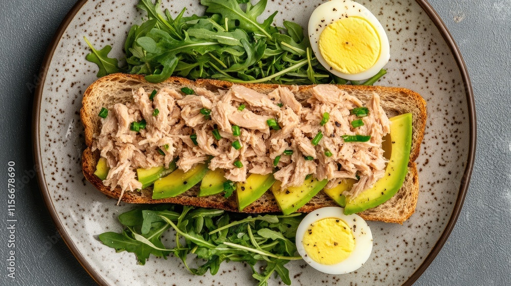 Poster tuna toast open sandwich on whole grain bread with boiled eggs avocado and arugula served on a plate