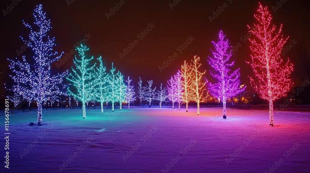 Poster colorful illuminated trees in a snowy landscape at night creating a festive and enchanting winter wo