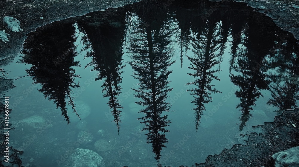 Poster tranquil reflection of evergreen trees in dark pond water surface