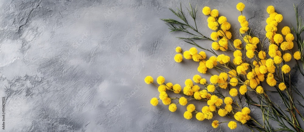 Poster mimosa blossoms in vibrant yellow on a textured gray surface highlighting a stylish color contrast f