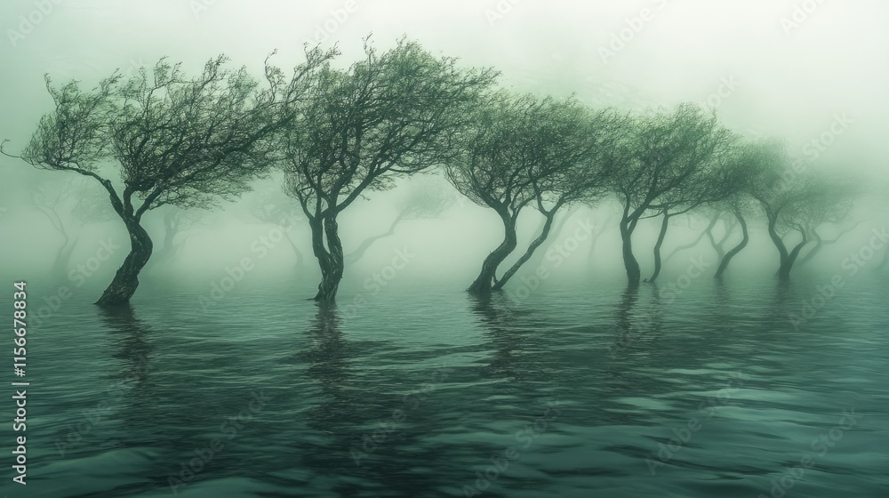 Poster misty lake reflections of twisted trees in serene green atmosphere