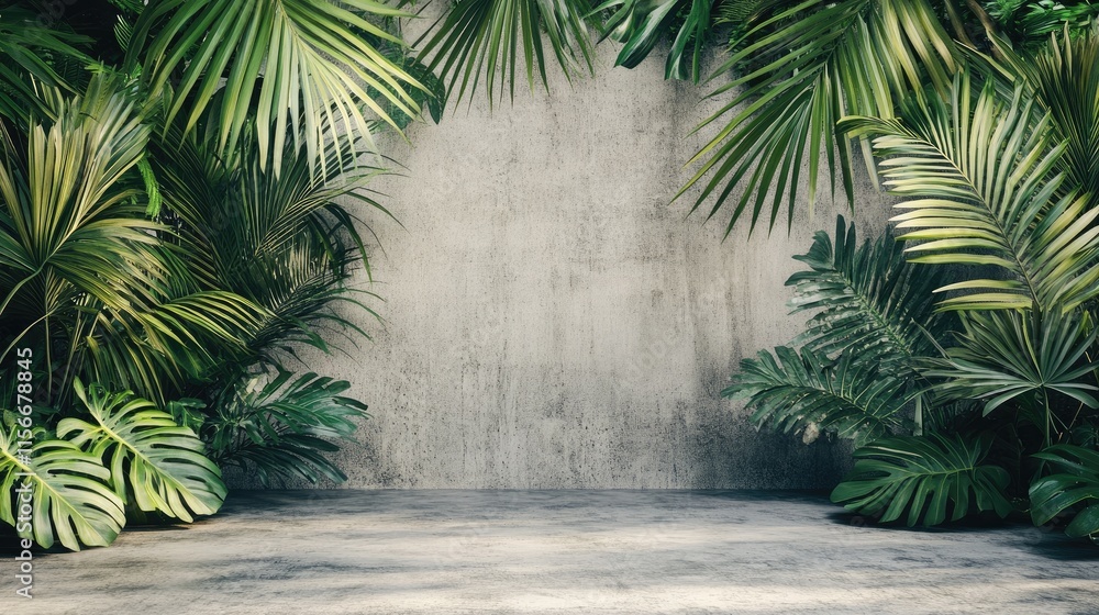 Aufkleber tropical palm leaves framing a rustic concrete wall creating a serene jungle garden atmosphere for i