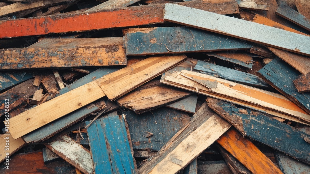 Poster chaotic pile of old trimmed wooden boards in various colors and textures for rustic design or constr