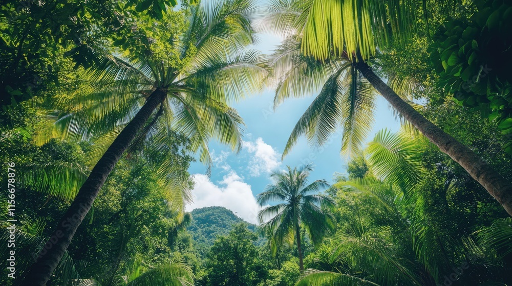 Aufkleber lush tropical jungle canopy showcasing vibrant palm trees and clear blue sky creating a serene natur