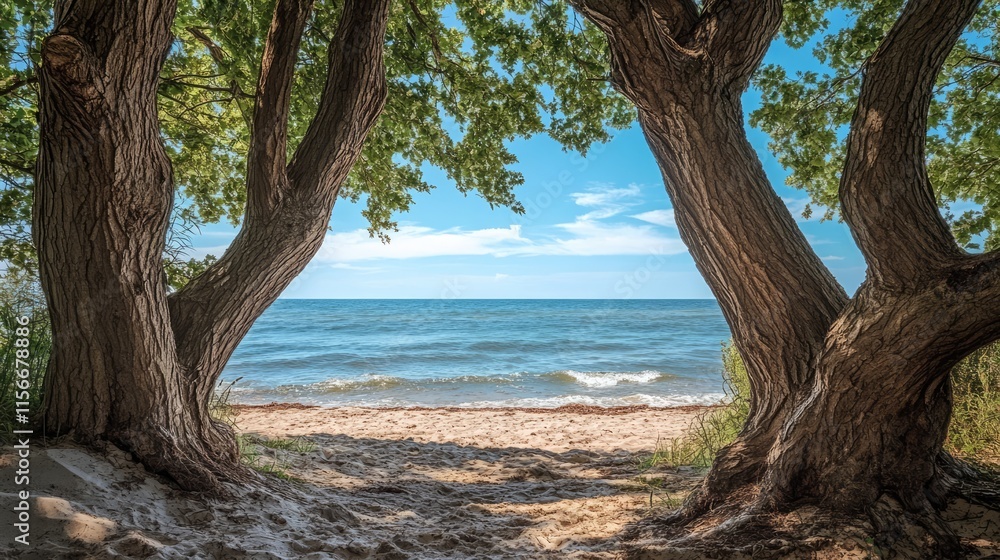Poster tranquil beach view framed by tree trunks with clear sea and blue sky creating a serene natural land