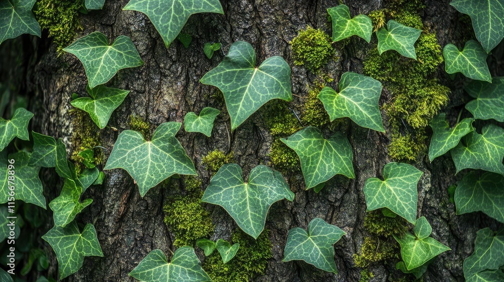 Poster Forest tree trunk adorned with vibrant ivy leaves and lush green moss creating a serene natural texture backdrop for nature-themed designs