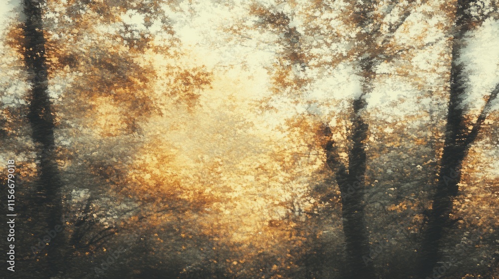 Poster autumn forest landscape with golden hues and blurred perspective creating a serene and dreamy nature