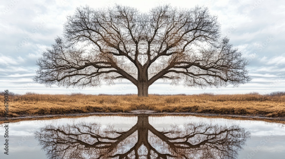 Poster symmetrical tree reflection in calm water showcasing nature's beauty and tranquility during a cloudy