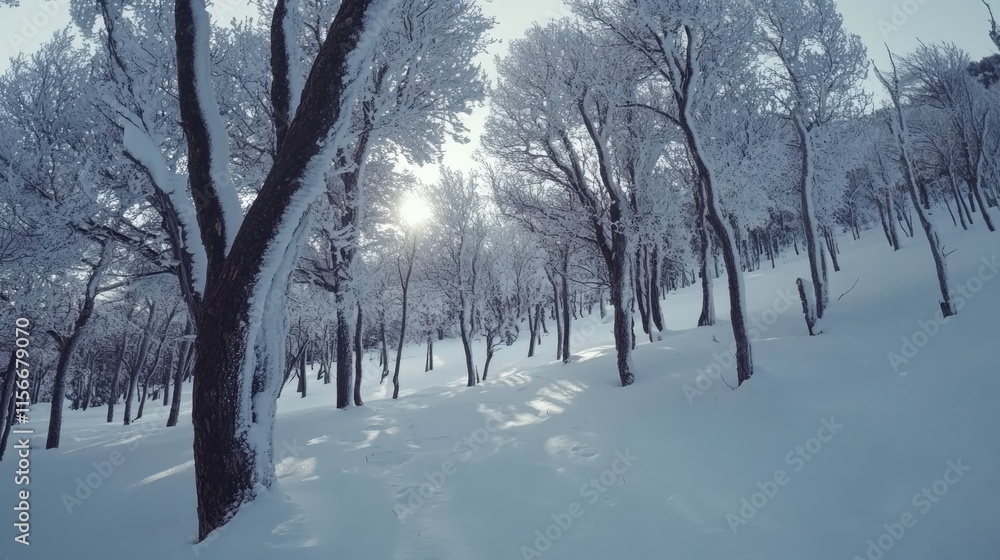 Aufkleber snowy winter forest with frost-covered trees and sunlight filtering through branches in a serene mou