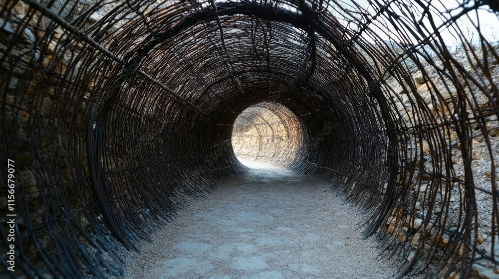 Poster Wireframe tunnel structure showcasing a unique architectural design and atmosphere, leading into a softly lit pathway.