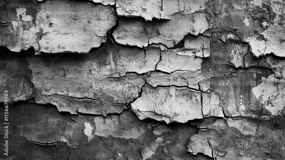 Poster Textured bark background with peeling layers showcasing natural deterioration and organic patterns in black and white for artistic designs.