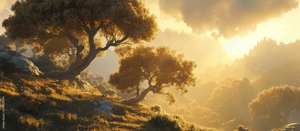 Aufkleber Golden light filters through trees on a mountain, creating a serene forest landscape with dramatic clouds.