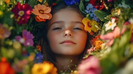 A Young Girl Surrounded by Colorful Flowers in a Beautiful Garden of Nature and Serenity
