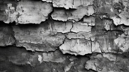 Obraz premium Textured bark background with peeling layers showcasing natural deterioration and organic patterns in black and white for artistic designs.